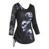 Skull Print Lace Insert Cinched T Shirt - BLACK M