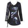 Skull Print Lace Insert Cinched T Shirt - BLACK M