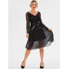 Lace Bodice Chiffon Belted Pleated Dress - BLACK L