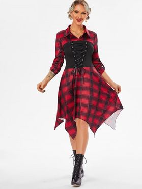 Plaid Lace Up Roll Up Sleeve Handkerchief Dress