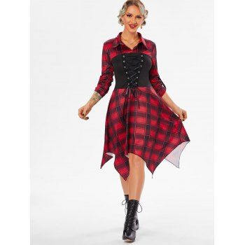 

Plaid Lace Up Corset Style Roll Up Sleeve Handkerchief Dress, Red