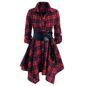 

Convertible Plaid Belted Roll Up Sleeve Button Handkerchief Mini Dress, Red