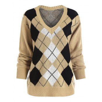 

Argyle V Neck Jumper Sweater, Light coffee