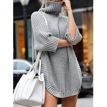 

Turtleneck Side Slit Sweater, Gray