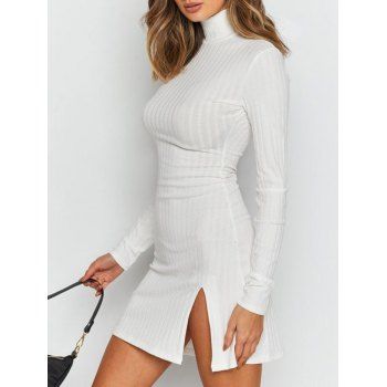 

Ribbed Mock Neck Slit Slinky Dress, White