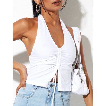 

Cinched Halter Slit Crop Tank Top, White