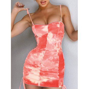 

Tie Dye Print Bodycon Dress Cinched Tie Mini Dress Spaghetti Strap Cami Dress Backless Topstitching Party Dress, Red