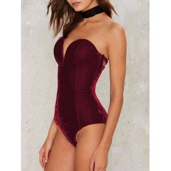 

Strapless Corset Style Lace-up Velour Bodysuit, Deep red