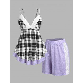 

Plus Size Plaid Lace Insert Pajama Camisole and Shorts Set, Light purple