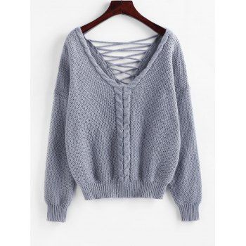 

Lattice Back Cable Knit V Neck Sweater, Gray