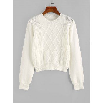 

Crew Neck Diamond Cable Knit Sweater, White