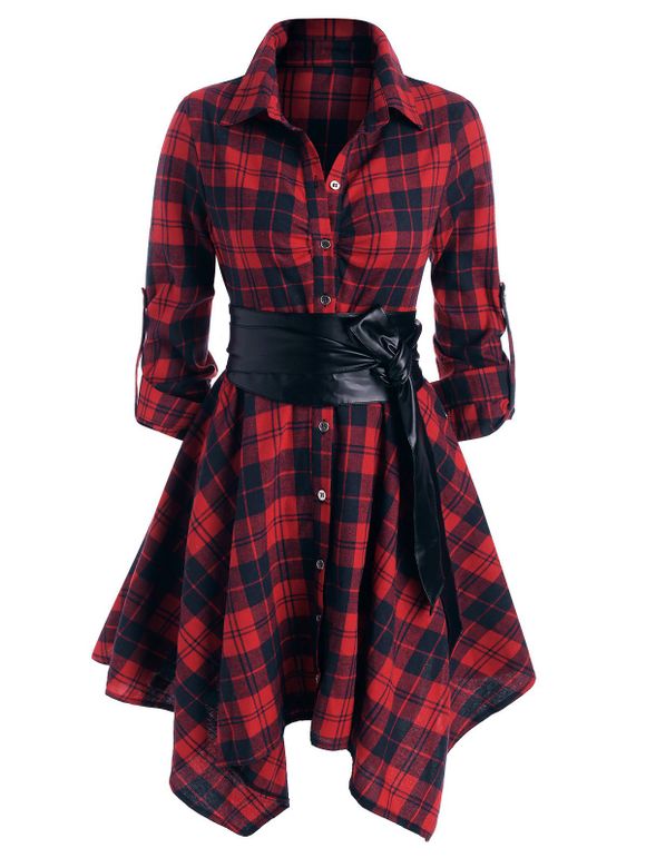 Convertible Plaid Belted Roll Up Sleeve Button Handkerchief Mini Dress - RED L