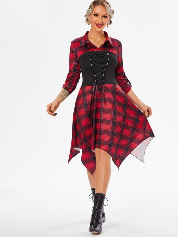 Plaid Lace Up Corset Style Roll Up Sleeve Handkerchief Dress - RED M