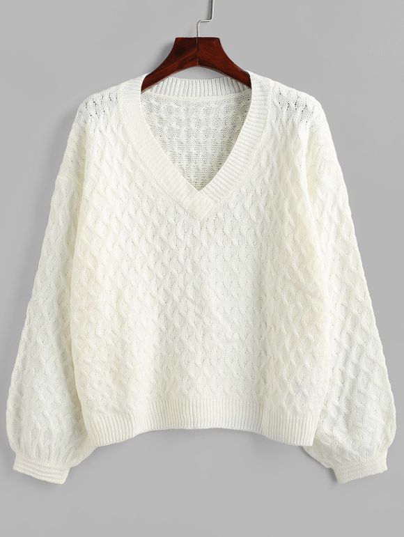 Pull en Tricot à Câble Goutte Epaule à Col V - Blanc L
