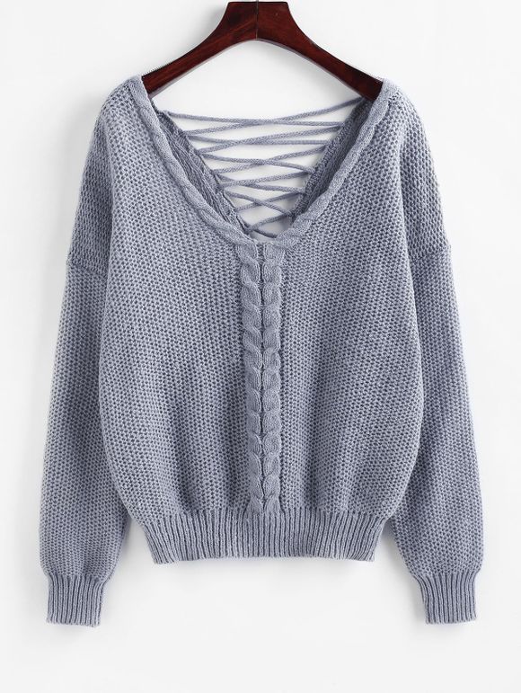 Pull à Treillis en Arrière en Tricot à Câble à Col V - Gris L