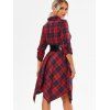 Convertible Plaid Belted Roll Up Sleeve Button Handkerchief Mini Dress - RED S