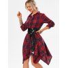Robe Mini Mouchoir Convertible Ceinturée à Carreaux à Manches Roulées - Rouge XL