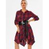 Robe Mini Mouchoir Convertible Ceinturée à Carreaux à Manches Roulées - Rouge XL