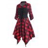 Plaid Lace Up Corset Style Roll Up Sleeve Handkerchief Dress - RED L
