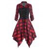 Plaid Lace Up Corset Style Roll Up Sleeve Handkerchief Dress - RED XL
