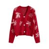 Snowflake Bowknot Graphic Button Up Christmas Cardigan - RED S