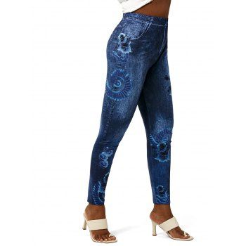 

Plus Size 3D Flower Printed High Rise Jeggings, Deep blue