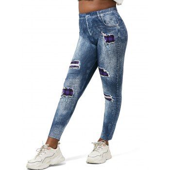 

Plus Size Plaid 3D Ripped Print Jeggings, Blue