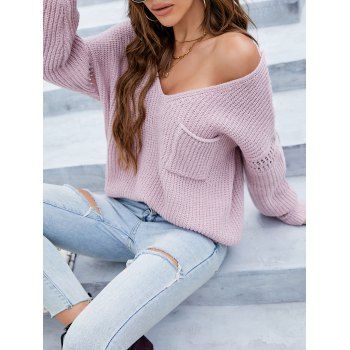

Pocket Double V Neck Sweater, Light purple