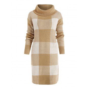 

Plaid Turtleneck Mini Sweater Dress, Light coffee