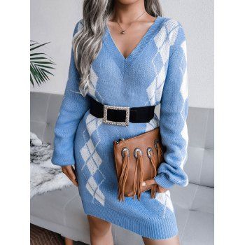 

Argyle Straight Sweater Dress, Light blue