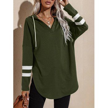 

Drop Shoulder Hooded Drawstring Side Slit Top, Deep green
