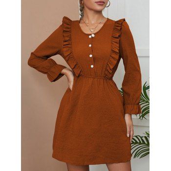 

Half Button Ruffled Mini A Line Dress, Deep coffee