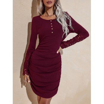 

Ruched Lace Panel Henley Bodycon Dress, Deep red