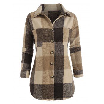 

Drop Shoulder Plaid Woolen Pocket Jacket, Light coffee