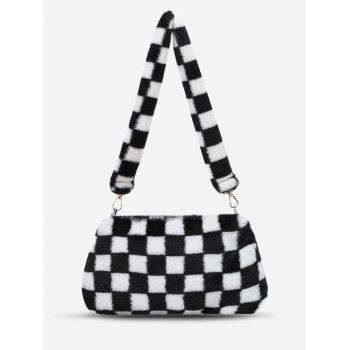 

Faux Fur Print Checkerboard Shoulder Bag, Black