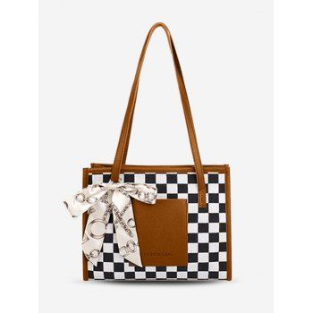 

Printed Checkerboard Scarf Bow Shoulder Bag, Brown