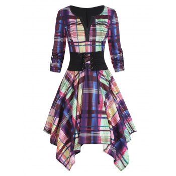 

Plaid Corset Style V Notch Mock Button Handkercheif Dress, Multicolor
