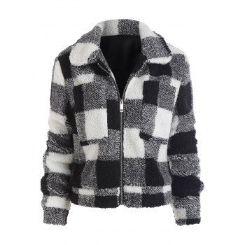 

Plaid Faux Shearling Chest Pocket Teddy Jacket, Black