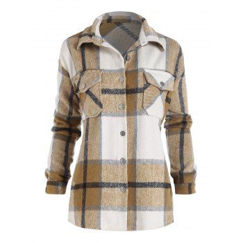 

Plaid Flap Chest Pocket Tunic Shacket, Coffee