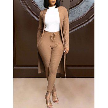 

Ribbed Open Front Cardigan and Bowknot Pants Set, Light coffee