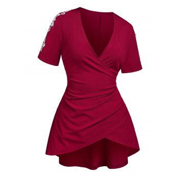 

Plus Size Plunge Lace Applique Surplice Tee, Deep red