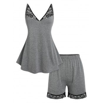 

Plus Size Lace Panel Shorts Pajamas Set, Light gray