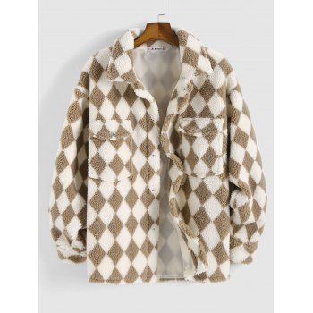 

Rhombus Pattern Faux Shearling Shacket, Light coffee