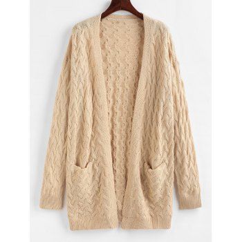 

Double Pockets Open Front Jacquard Cardigan, Light coffee