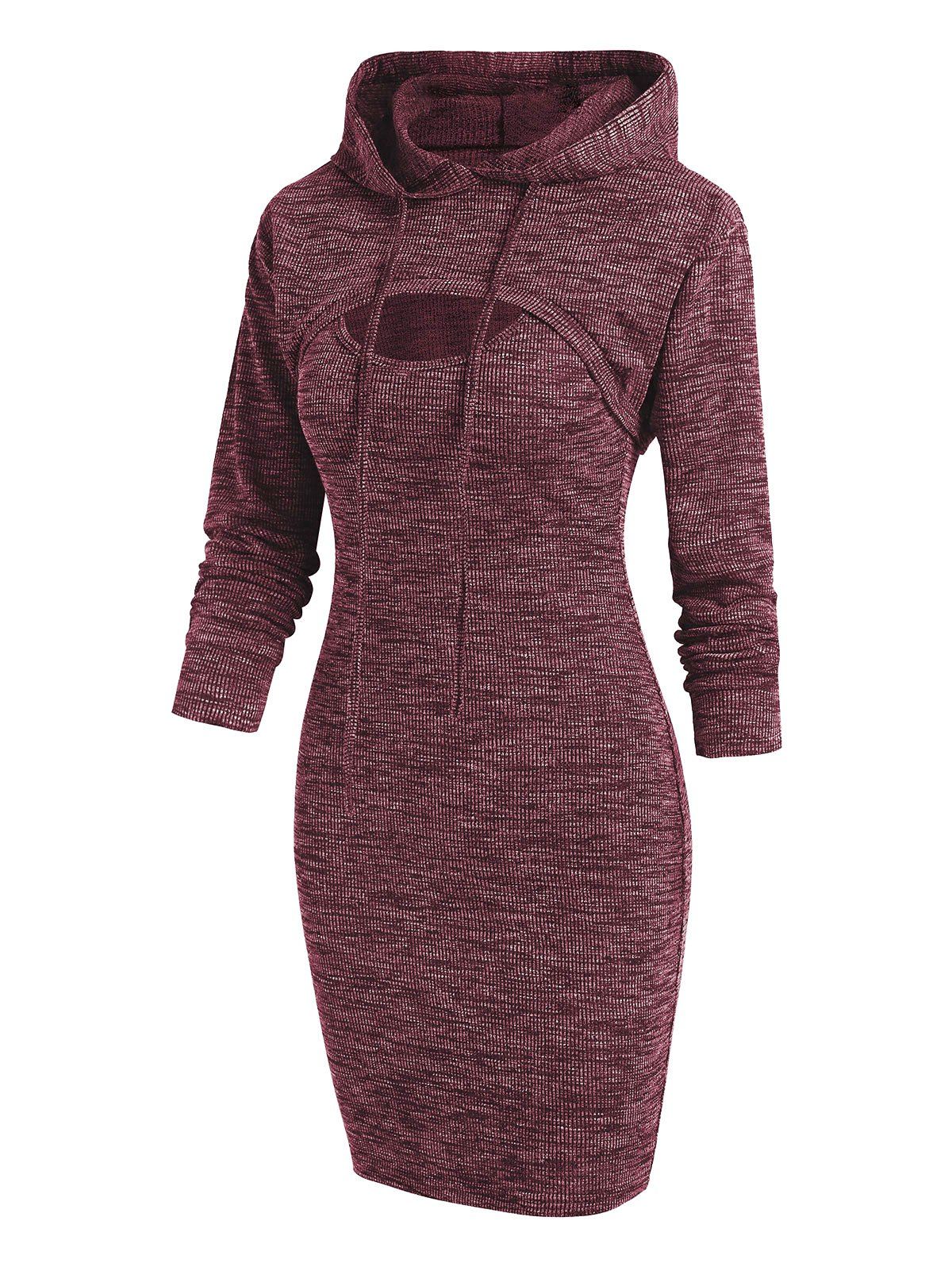 Heathered Knitted Bodycon Dress and Shrug Hoodie Set - DEEP RED M