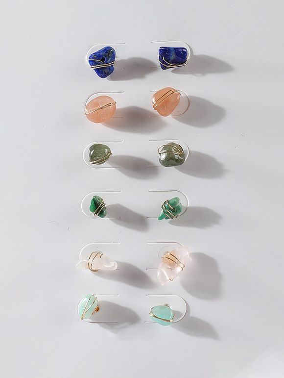 6 Pairs Natural Stone Stud Earrings Set - multicolor A 