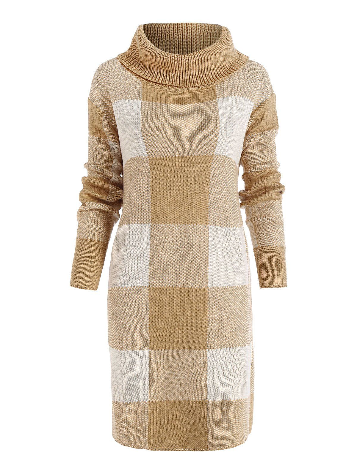 Plaid Turtleneck Mini Sweater Dress 