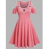 Cold Shoulder Mini Dress Cut Out Heathered Dress Short Sleeve A Line Dress - RED XL