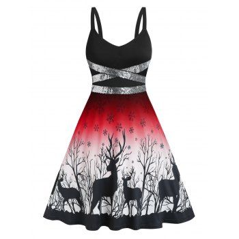 

Christmas Snowflake Elk Print Sequined Dress, Red
