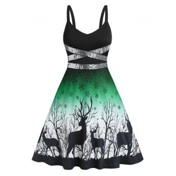 

Christmas Snowflake Elk Print Sequined Dress, Green
